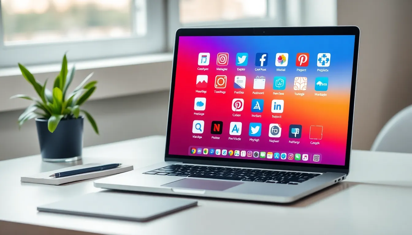 laptop screen showing website shortcuts in a modern workspace.
