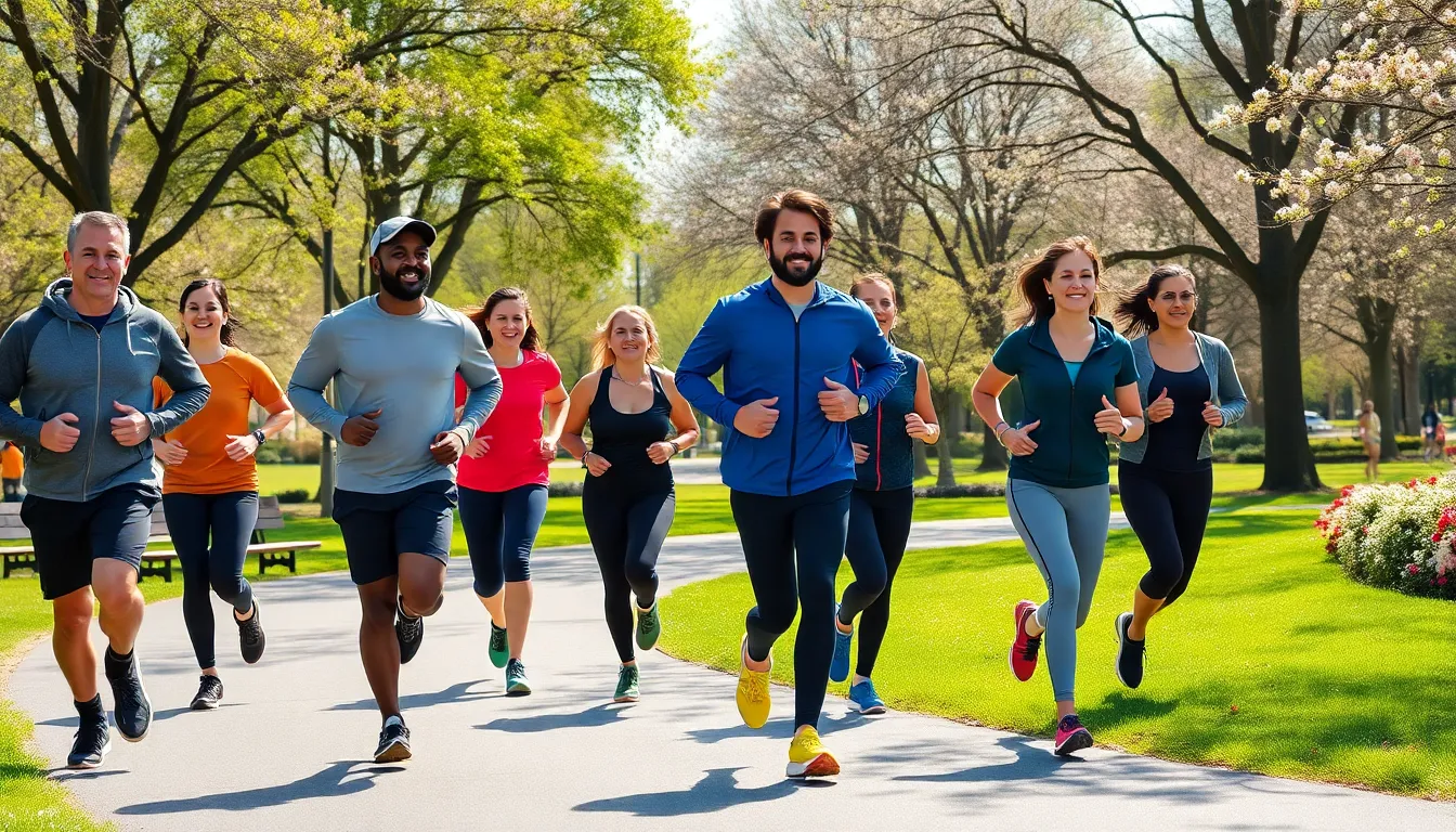 diverse group of runners enjoying a sunny day in the park.