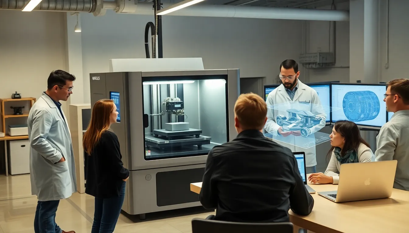 engineer monitoring a DMLS 3D printer in a modern workshop.