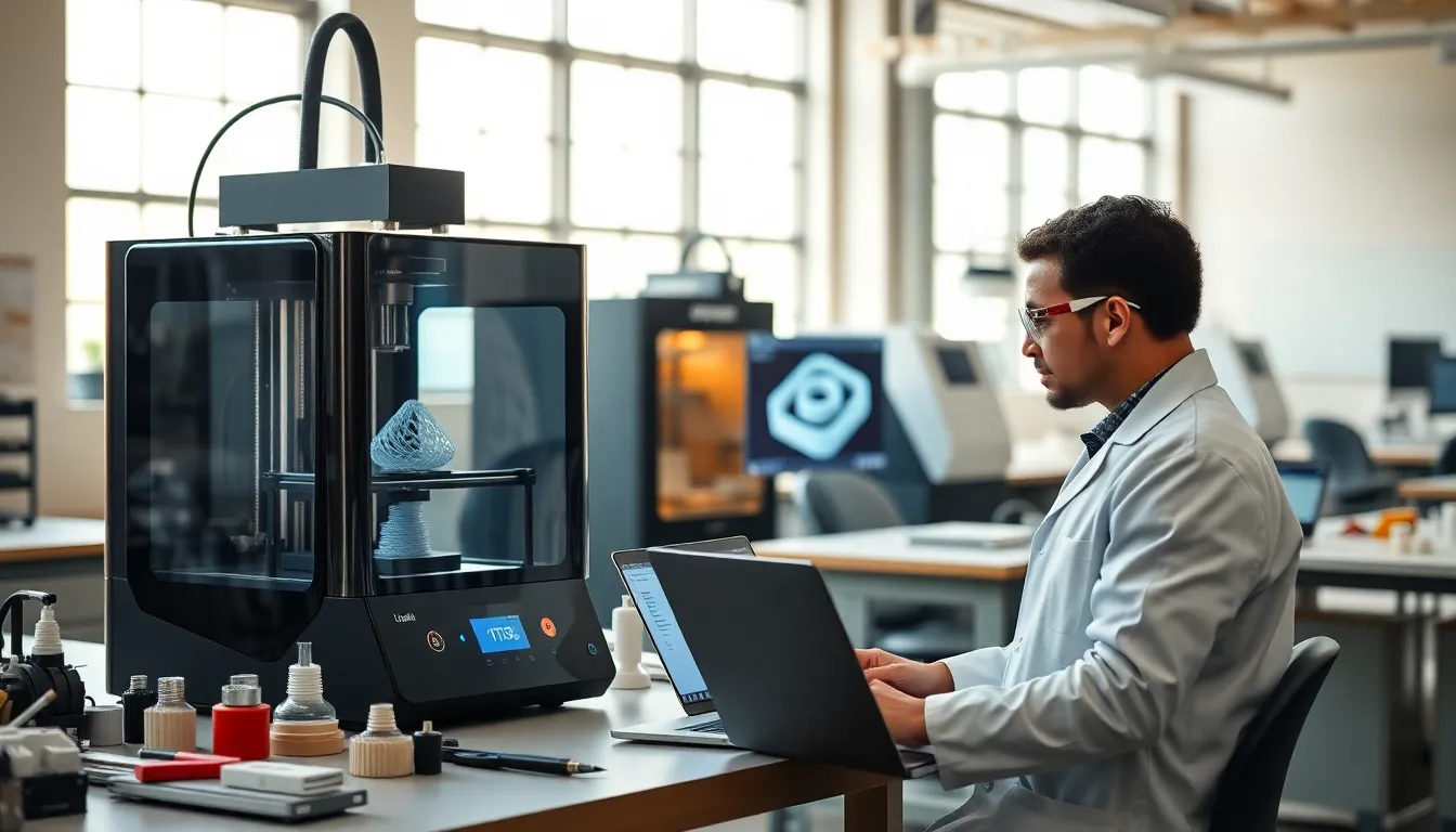 3D printing engineer monitoring a 3D printer in a modern workshop.