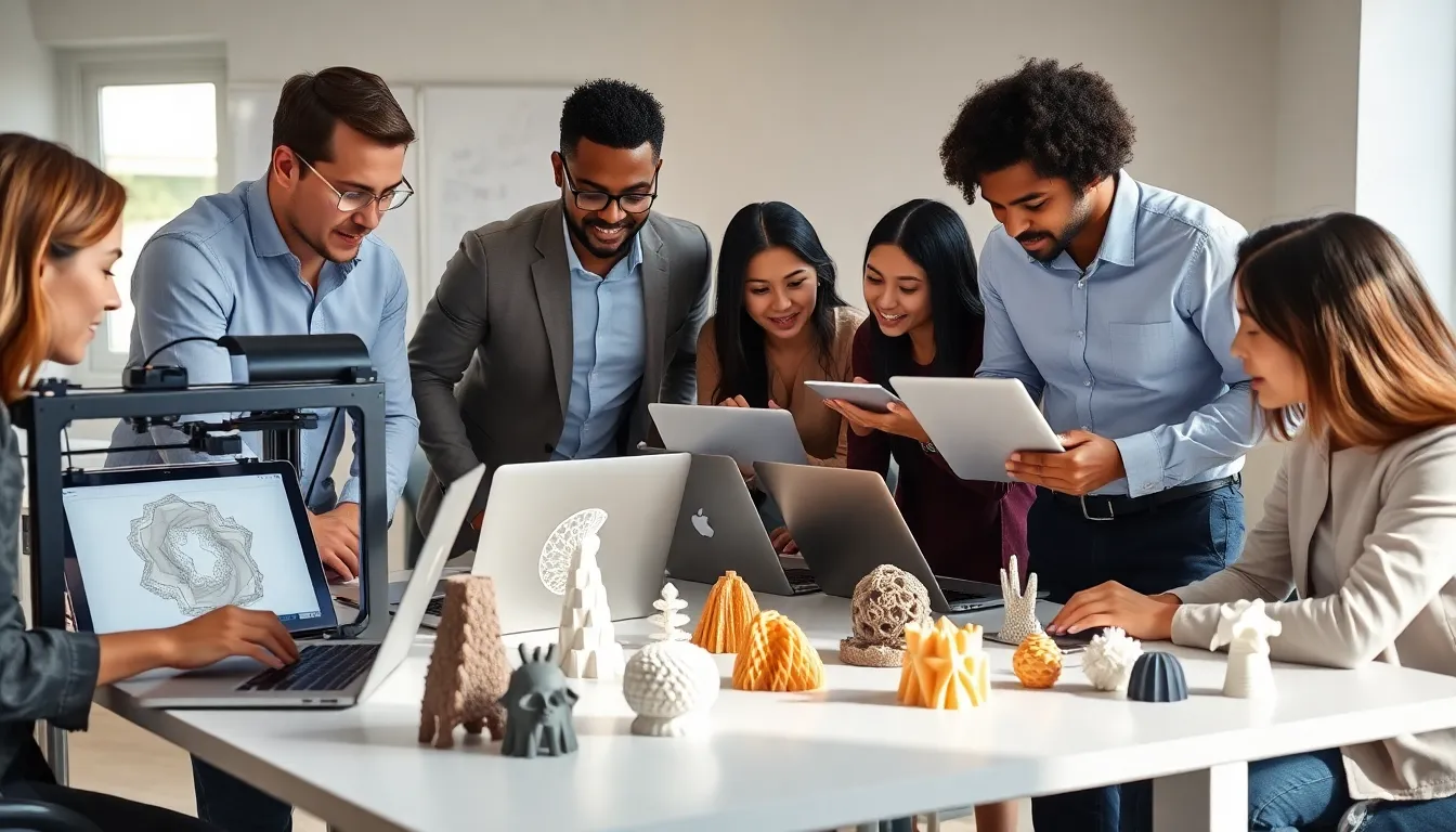 diverse team collaborating on 3D printing designs in a modern office.