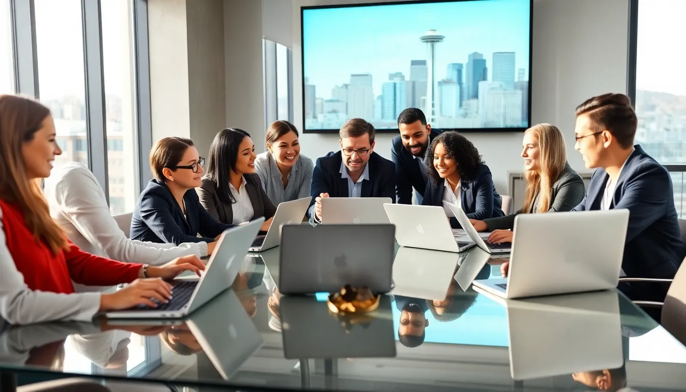 diverse team collaborating on SaaS solutions in a modern Seattle office.