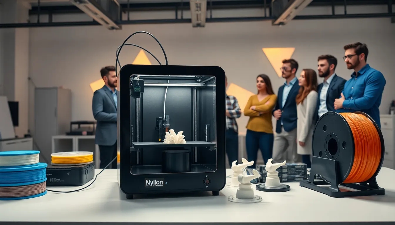 modern 3D printing setup with diverse team and nylon filament.