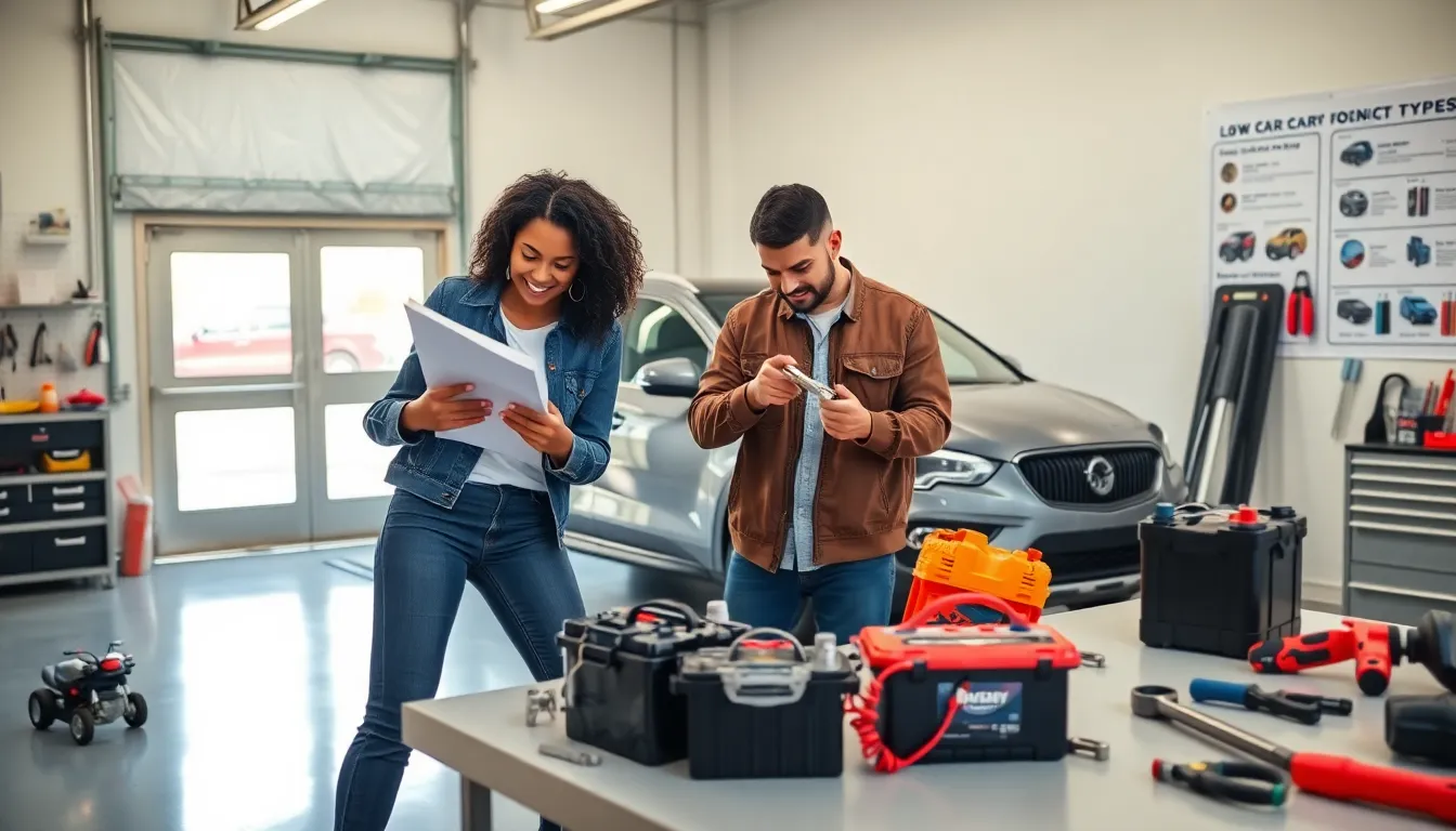diverse professionals examining a car battery in a garage setting.