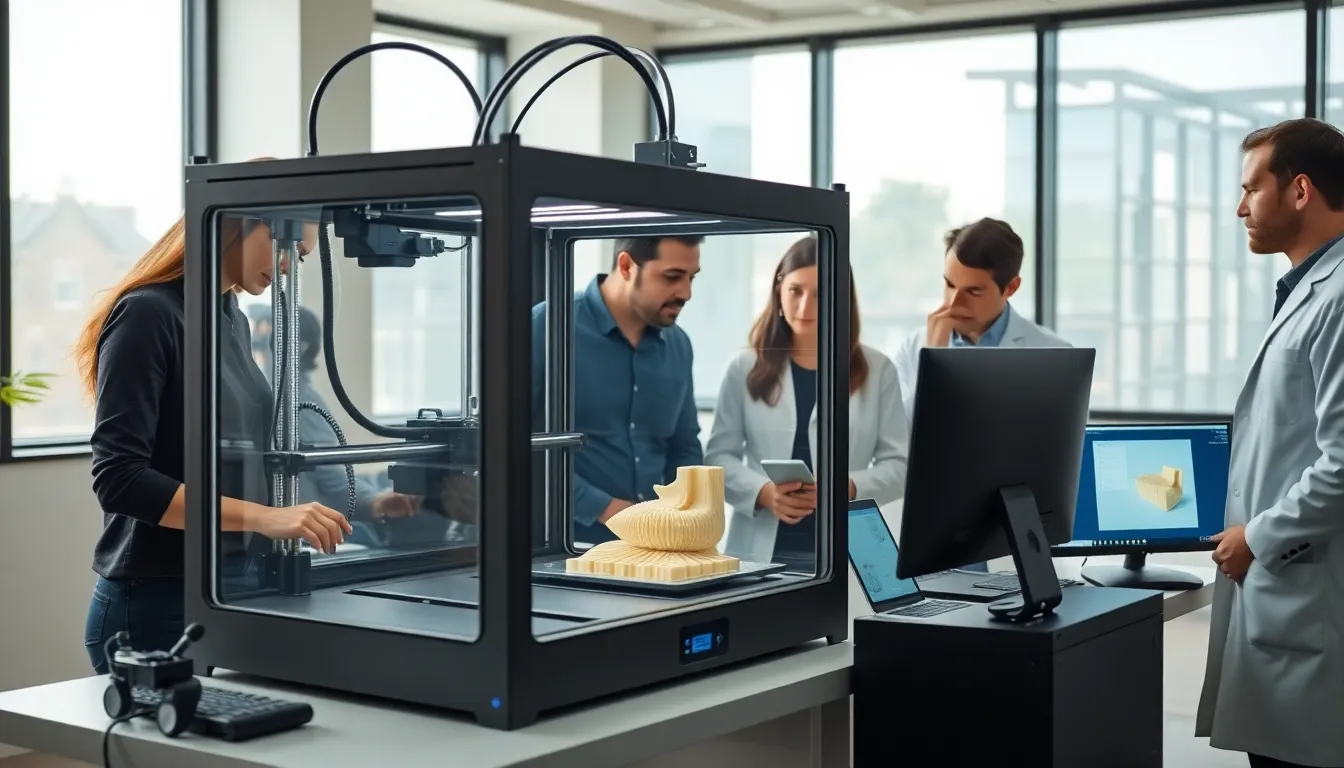 professionals collaborating in a modern 3D printing workspace.