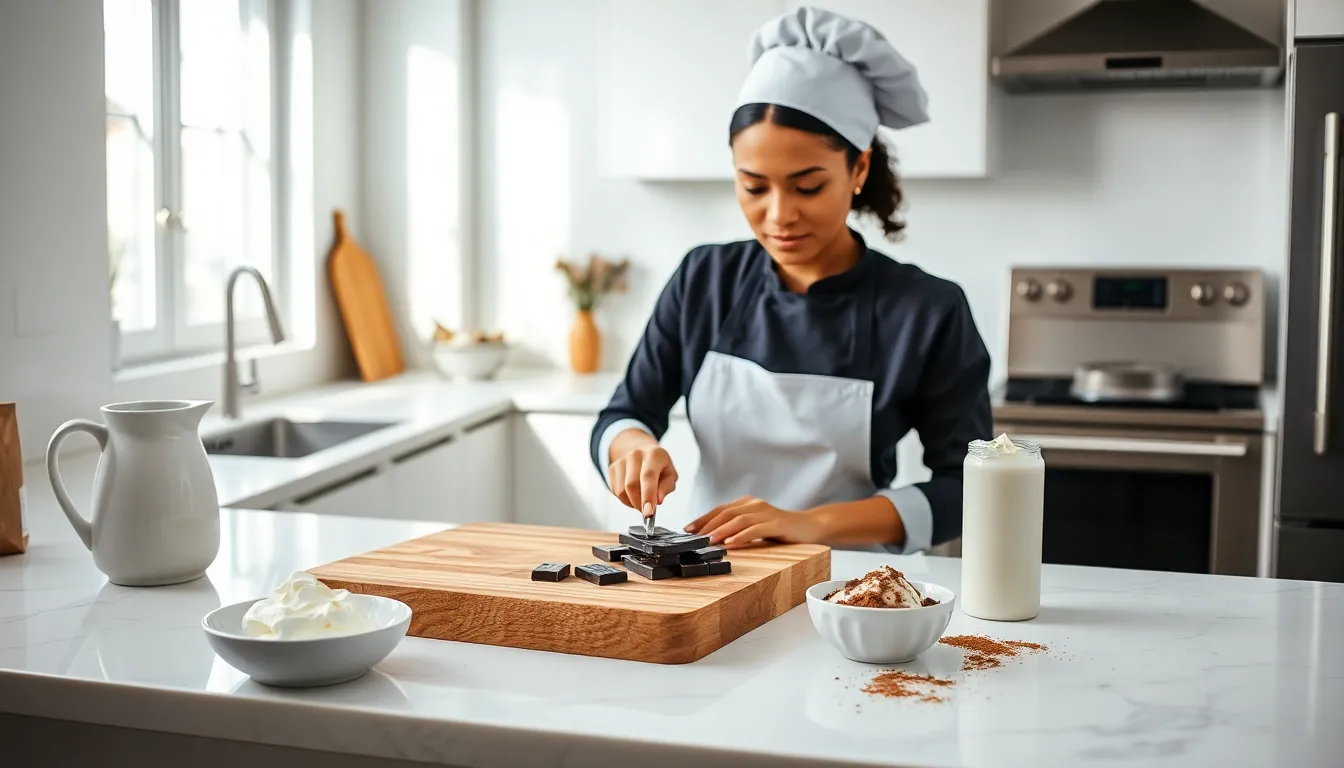 chef preparing hot chocolate with fresh chocolate bar in a cozy kitchen.