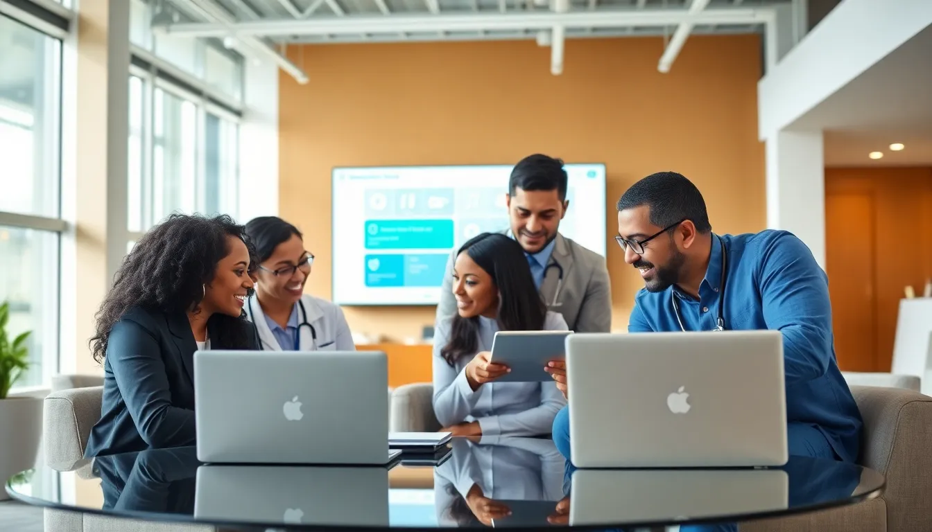 diverse healthcare professionals collaborating on SaaS solutions in a modern office.
